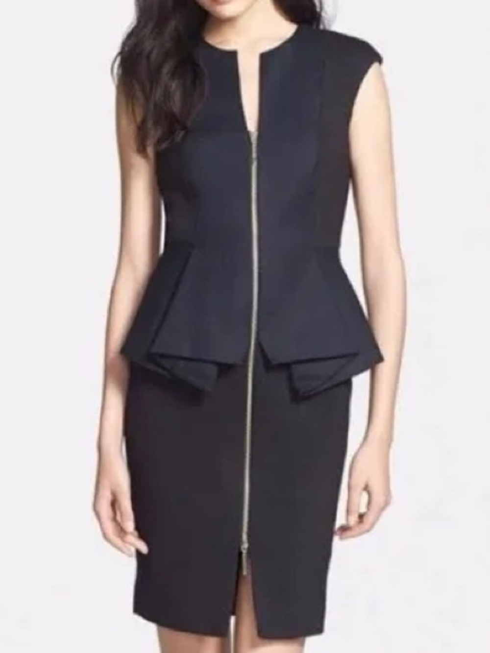 Ted Baker Black Cap-Sleeve Peplum Sheath Dress with Gold Zip